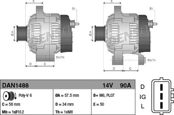 Генератор Denso для Opel Monterey A рестайлинг 1998-1999. Артикул DAN1488