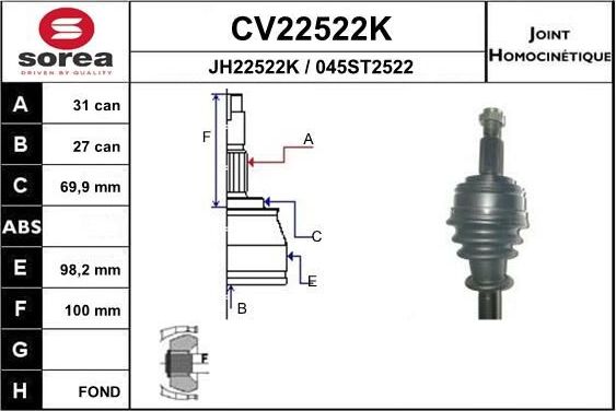 Шрус наружный (граната) EAI передний для Renault Master III 2010-2026. Артикул CV22522K