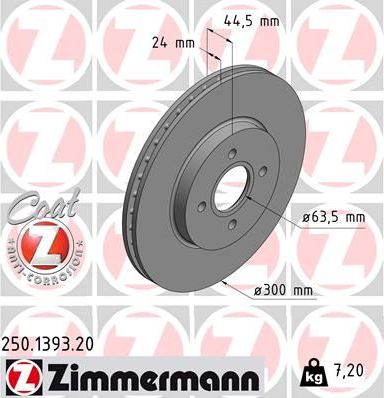 Тормозной диск Zimmermann Coat Z передний для Ford Focus I 2002-2004. Артикул 250.1393.20