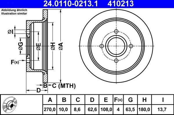 Тормозной диск ATE задний для Ford Escort V 1990-2000. Артикул 24.0110-0213.1