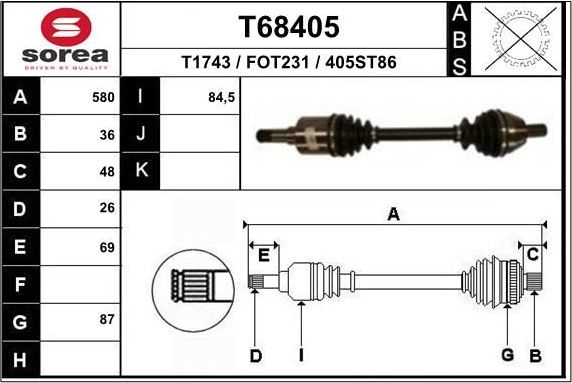 Полуось (привод в сборе, приводной вал) EAI. Артикул T68405
