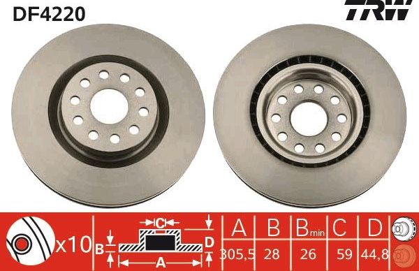 Тормозной диск TRW передний для Lancia Thesis 2002-2009. Артикул DF4220