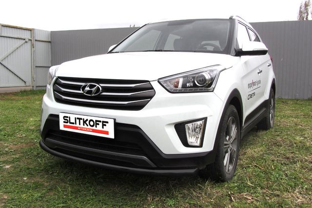 Защита Slitkoff переднего бампера d57 радиусная для Hyundai Creta 4WD 2016-2021 Черная. Артикул HCRET4WD005B