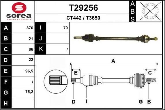Полуось (привод в сборе, приводной вал) EAI. Артикул T29256