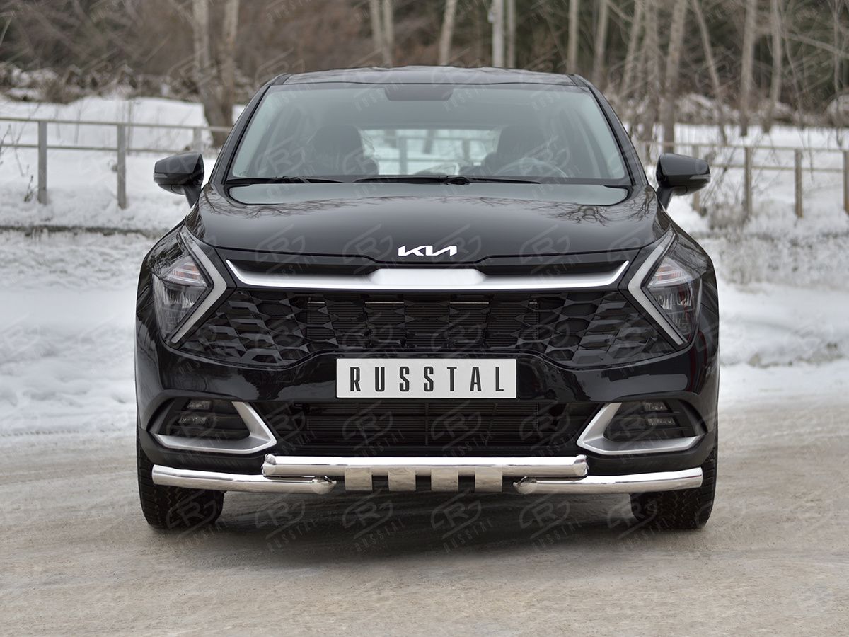 Защита RusStal переднего бампера d63 секции-d63 уголки+клыки для Kia Sportage V (кроме Style и X-Line) 2021-2026. Артикул KSZ-004029