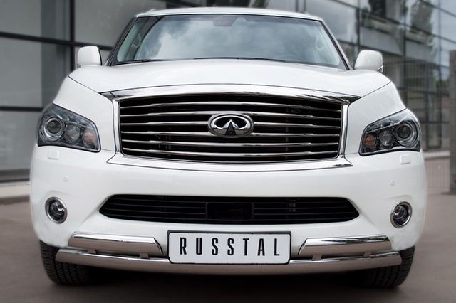 Защита RusStal переднего бампера 75х42/(75х42)х2 с подъемом для Infiniti QX56 III 2010-2013. Артикул INZ-000845