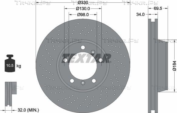 Тормозной диск Textar Pro+ передний левый для Porsche Boxster IV 718 (982) 2016-2026. Артикул 92149905