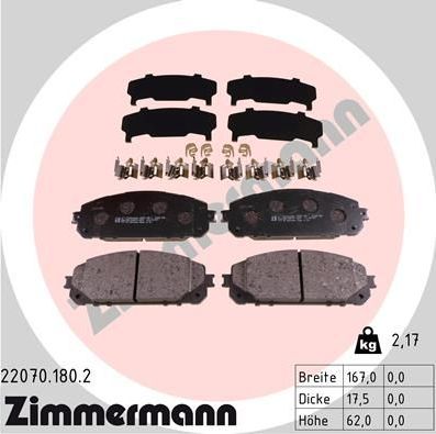 Тормозные колодки Zimmermann передние для Jeep Cherokee V (KL) 2013-2026. Артикул 22070.180.2