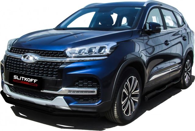 Защита Slitkoff переднего бампера d57+d42 двойная для Chery Tiggo 8 2018-2026 Черная. Артикул CT8-001B
