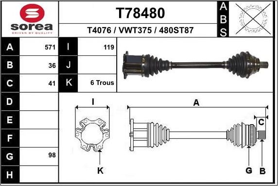 Полуось (привод в сборе, приводной вал) EAI. Артикул T78480
