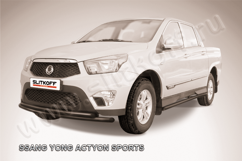 Защита Slitkoff переднего бампера d57+d57 двойная радиусная для SsangYong Actyon Sports I рестайлинг 2012-2026 Черная. Артикул SYAS003B