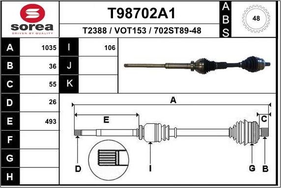 Полуось (привод в сборе, приводной вал) EAI. Артикул T98702A1