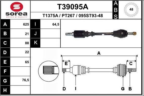 Полуось (привод в сборе, приводной вал) EAI. Артикул T39095A