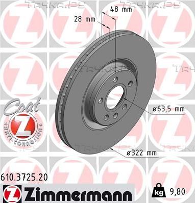Тормозной диск Zimmermann Coat Z передний для Volvo XC60 II 2017-2026. Артикул 610.3725.20
