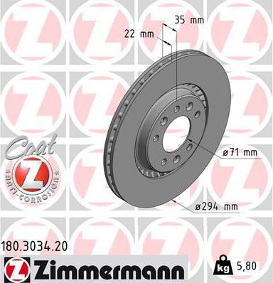 Тормозной диск Zimmermann Coat Z задний для Opel Vivaro C 2019-2024. Артикул 180.3034.20