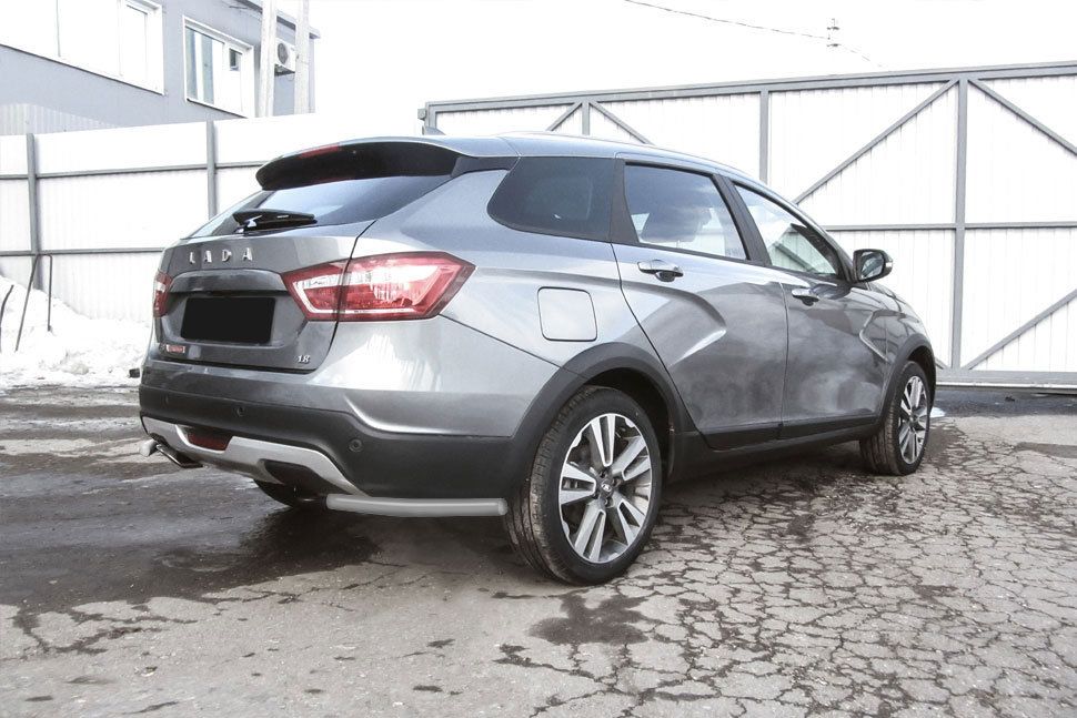 Защита Slitkoff заднего бампера уголки d42 для Lada Vesta SW Cross 2017-2026 Серебристая. Артикул LadVSWCR07S