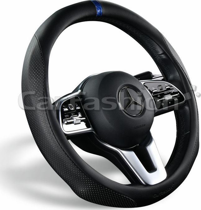 Оплётка на руль CarFashion Torrent (размер M, натуральная кожа, цвет ЧЕРНЫЙ/ЧЕРНЫЙ/СИНИЙ). Артикул 31627