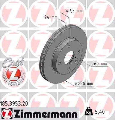 Тормозной диск Zimmermann Coat Z передний для Daewoo Evanda 2002-2005. Артикул 185.3953.20