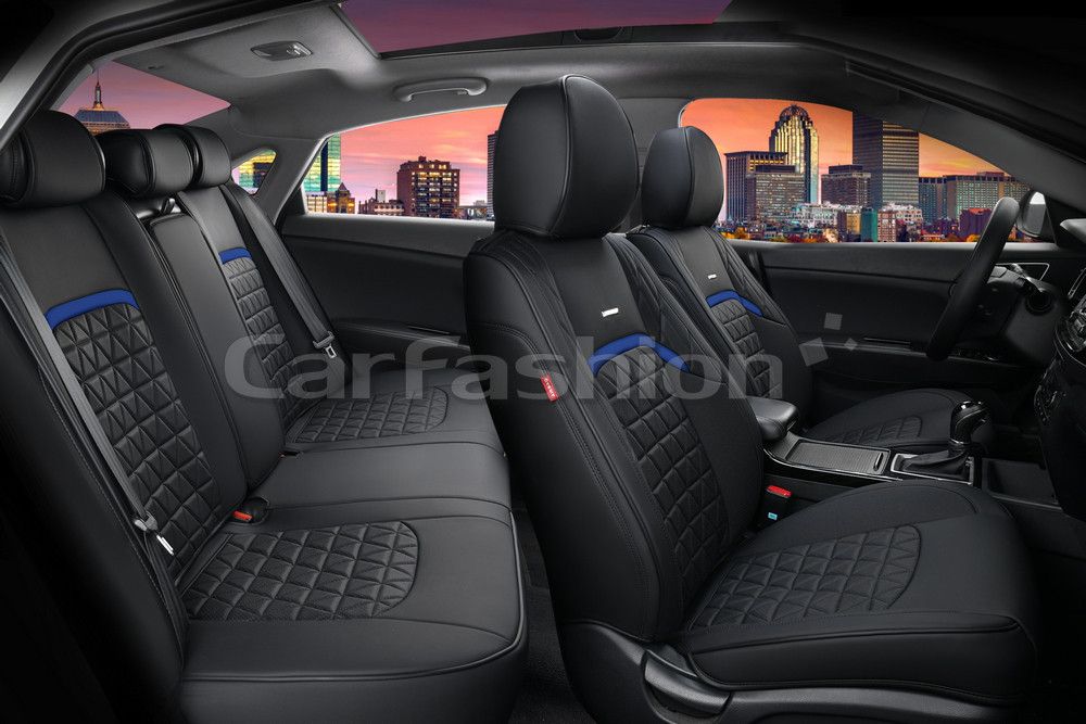 Комплект универсальных каркасных чехлов CarFashion 5D Boomerang Plus на сидения авто, цвет Синий/Черный. Артикул 27041