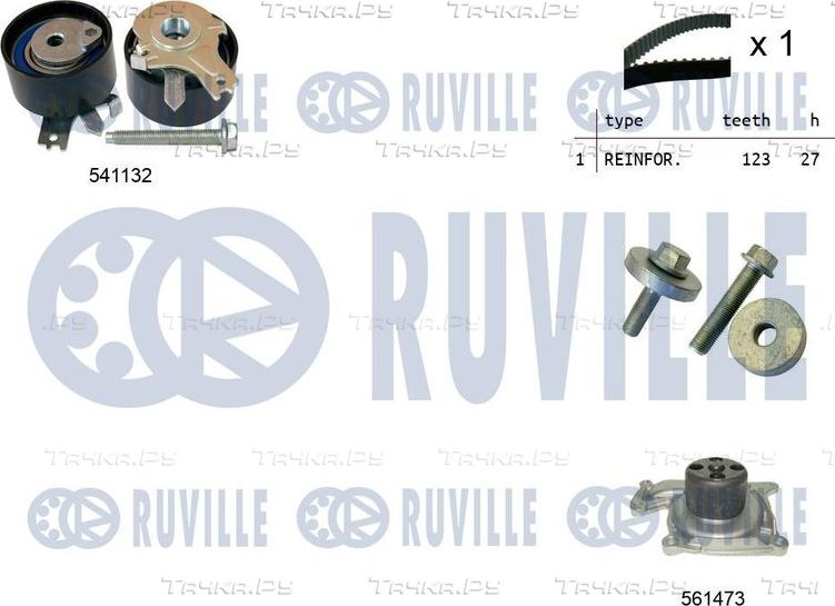 Помпа (водяной насос) с комплектом ремня ГРМ Ruville для Renault Fluence I 2010-2017. Артикул 5500553