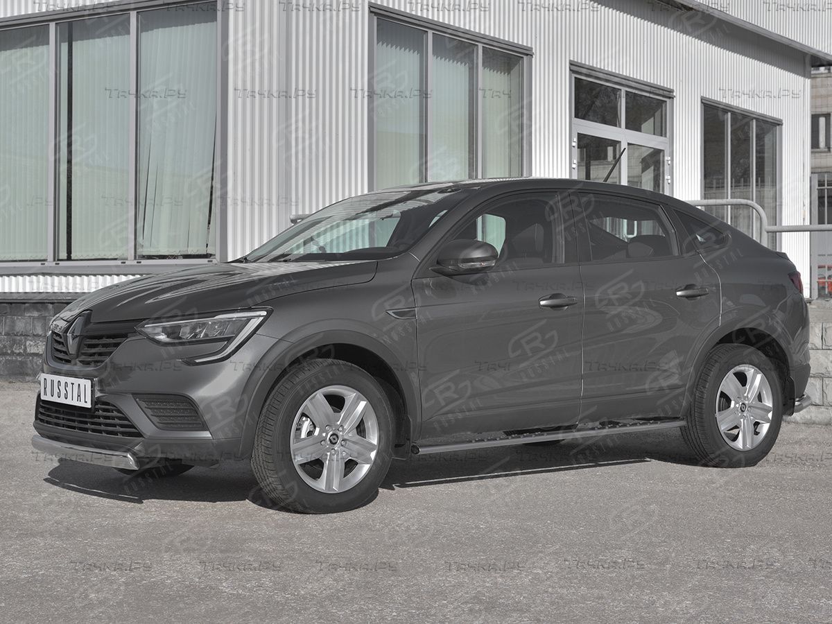 Защита порогов RusStal труба 75х42 овал с проступью для Renault Arkana 2019-2026. Артикул RARO-003317