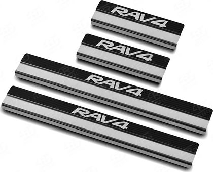 Накладки RusStal на пороги (лист нерж. карбон с надписью) для Toyota RAV4 V 2019-2024. Артикул TR4Z19-06