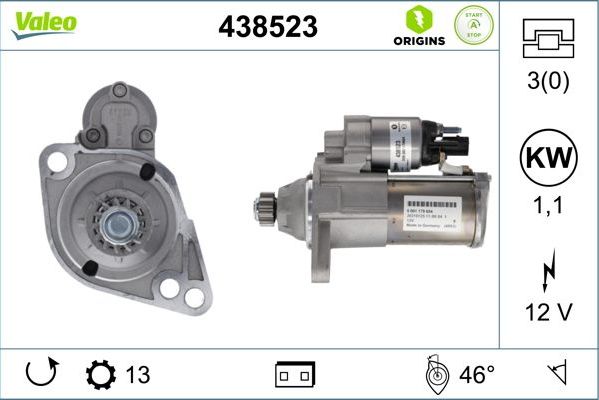 Стартер Valeo VALEO ORIGINS NEW STOP&START для Skoda Kamiq I 2019-2026. Артикул 438523