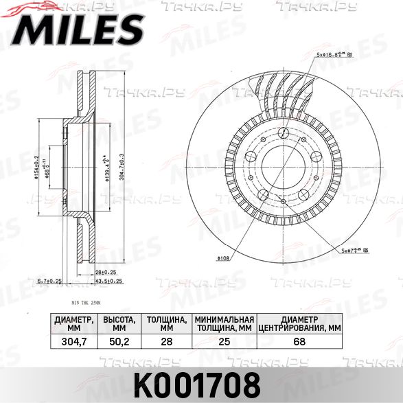Тормозной диск Miles передний для Volvo V70 I 1997-2000. Артикул K001708