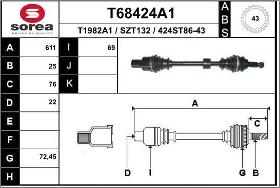 Полуось (привод в сборе, приводной вал) EAI. Артикул T68424A1