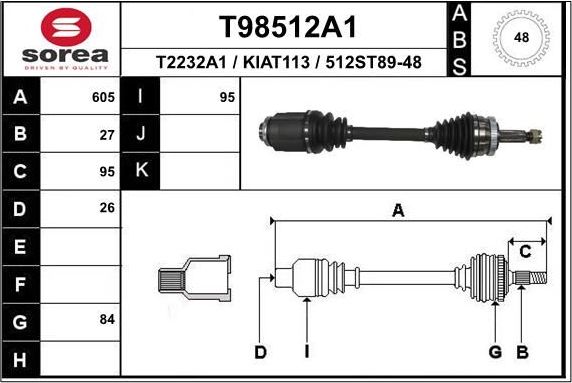 Полуось (привод в сборе, приводной вал) EAI. Артикул T98512A1
