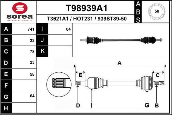 Полуось (привод в сборе, приводной вал) EAI задняя левая для Honda CR-V I 1995-2002. Артикул T98939A1