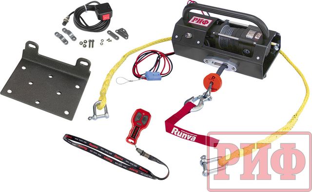 Переносная лебёдка РИФ: 12V Runva 2500A lbs 1140 кг c малой площадкой и проводами (в сборе) синтетический трос. Артикул EWP2500ASR-KIT