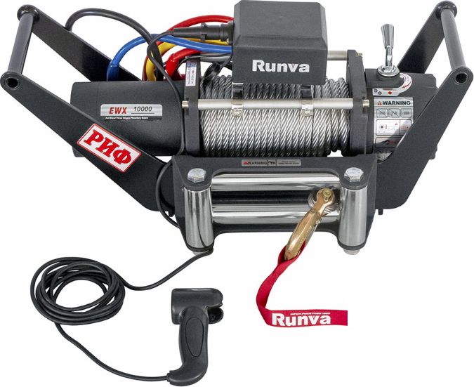 Переносная лебёдка РИФ: 12V Runva 10000 lbs 4500 кг c площадкой в квадрат для фаркопа и проводами (стальной трос) РИФ. Артикул EWX10000S-KIT