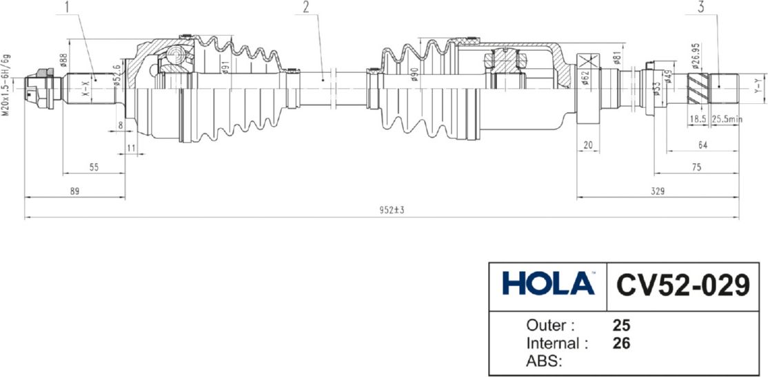 Полуось (привод в сборе, приводной вал) HOLA. Артикул CV52-029