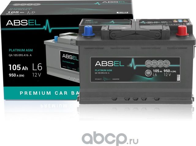 Аккумулятор ABSEL PLATINUM AGM 12V L6 105Ah 950A (0) ОП (легковая) type EURO (39 Absel. Артикул QA105095A16A