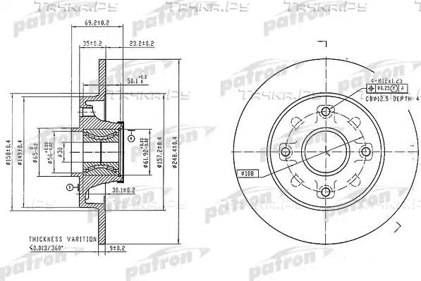 Тормозной диск Patron задний для Peugeot 207 I 2006-2015. Артикул PBD7016