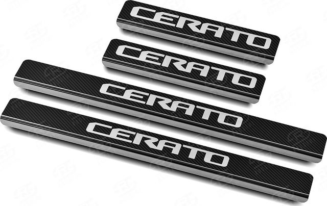 Накладки RusStal на пороги (лист нерж., карбон, надпись) для Kia Cerato IV 2018-2026. Артикул KICER18-06