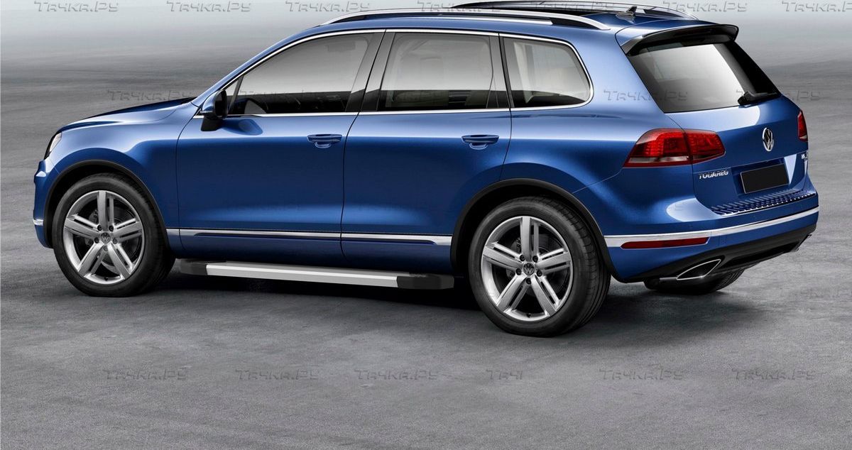 Пороги алюминиевые Rival Silver для Volkswagen Touareg II рестайлинг (R-Line) 2014-2018. Артикул F193AL.5801.4