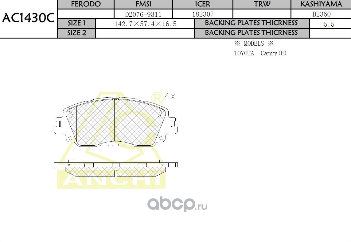 Тормозные колодки ANCHI AC1430C Anchi. Артикул AC1430C