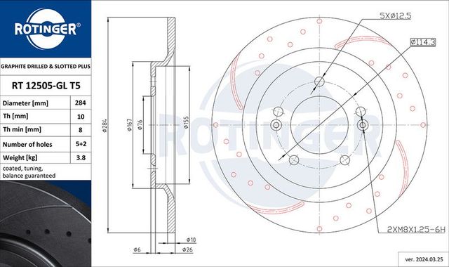 Тормозной диск Rotinger GRAPHITE DRILLED & SLOTTED PLUS. Артикул RT 12505-GL T5