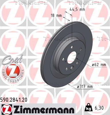 Тормозной диск Zimmermann Coat Z задний для Toyota RAV4 V (XA50) 2018-2026. Артикул 590.2841.20