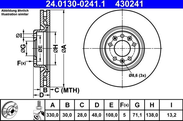 Тормозной диск ATE передний для Citroen C5 X I 2021-2026. Артикул 24.0130-0241.1