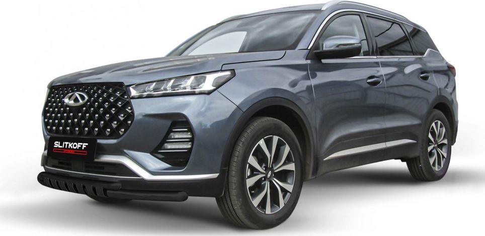 Защита Slitkoff переднего бампера d57+d42 двойная с декоративными элементами для Chery Tiggo 7 Pro 2020-2026 Черная. Артикул CT7PR-001B