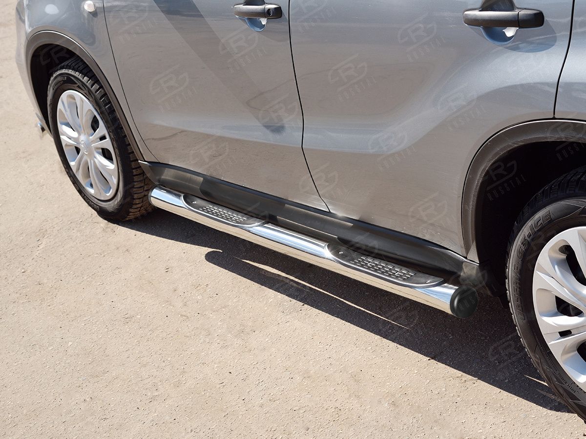 Защита порогов RusStal труба d76 с накладкой (вариант 2) для Suzuk Vitara IV 2015-2026. Артикул SVT-0026442