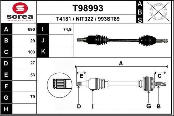 Полуось (привод в сборе, приводной вал) EAI. Артикул T98993