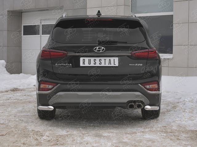 Защита RusStal заднего бампера уголки d63 секции для Hyundai Santa Fe IV 2018-2026. Артикул HSFZ-003175
