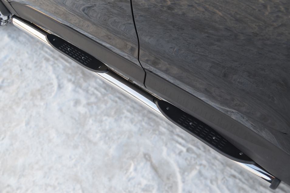 Защита порогов RusStal труба d76 с накладкой (вариант 2) для Hyundai Santa Fe III 2012-2018. Артикул HSFT-0012242