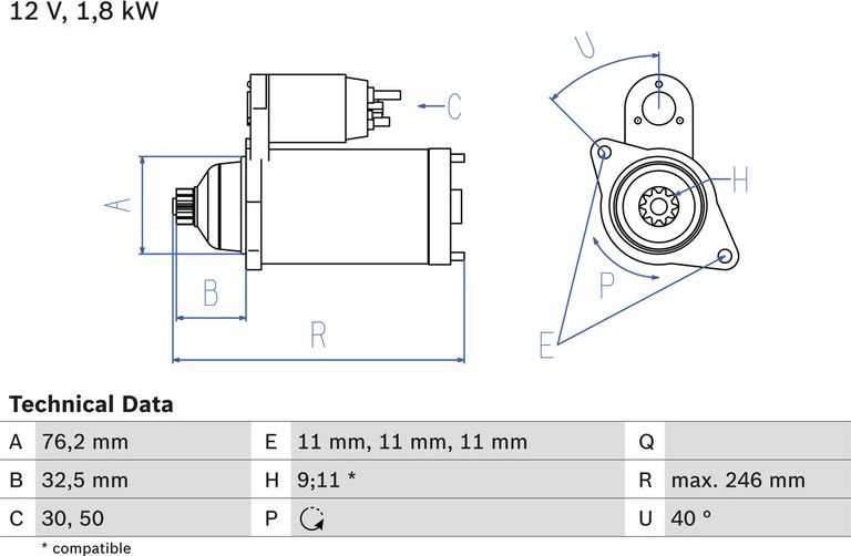 Стартер Bosch для Volkswagen Passat B3 1989-1997. Артикул 0 986 017 000