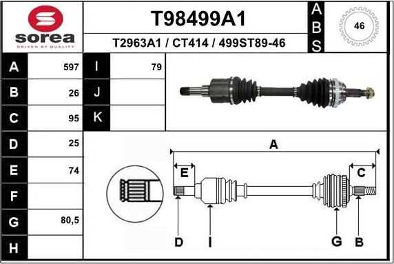 Полуось (привод в сборе, приводной вал) EAI. Артикул T98499A1