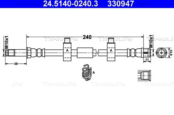 Тормозной шланг ATE задний правый для Volkswagen Multivan T5 2003-2015. Артикул 24.5140-0240.3